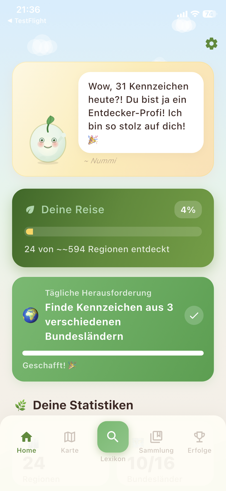 NummiScout App Startbildschirm mit Nummi Waldgeist, Sammelfortschritt und täglicher Herausforderung
