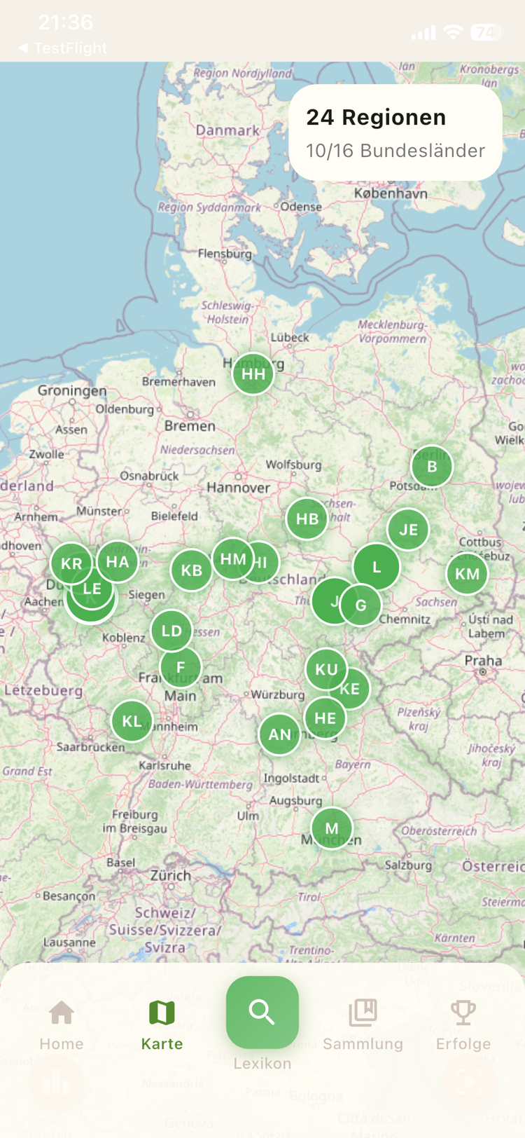 Interaktive Deutschland-Karte mit gesammelten Kennzeichen-Regionen