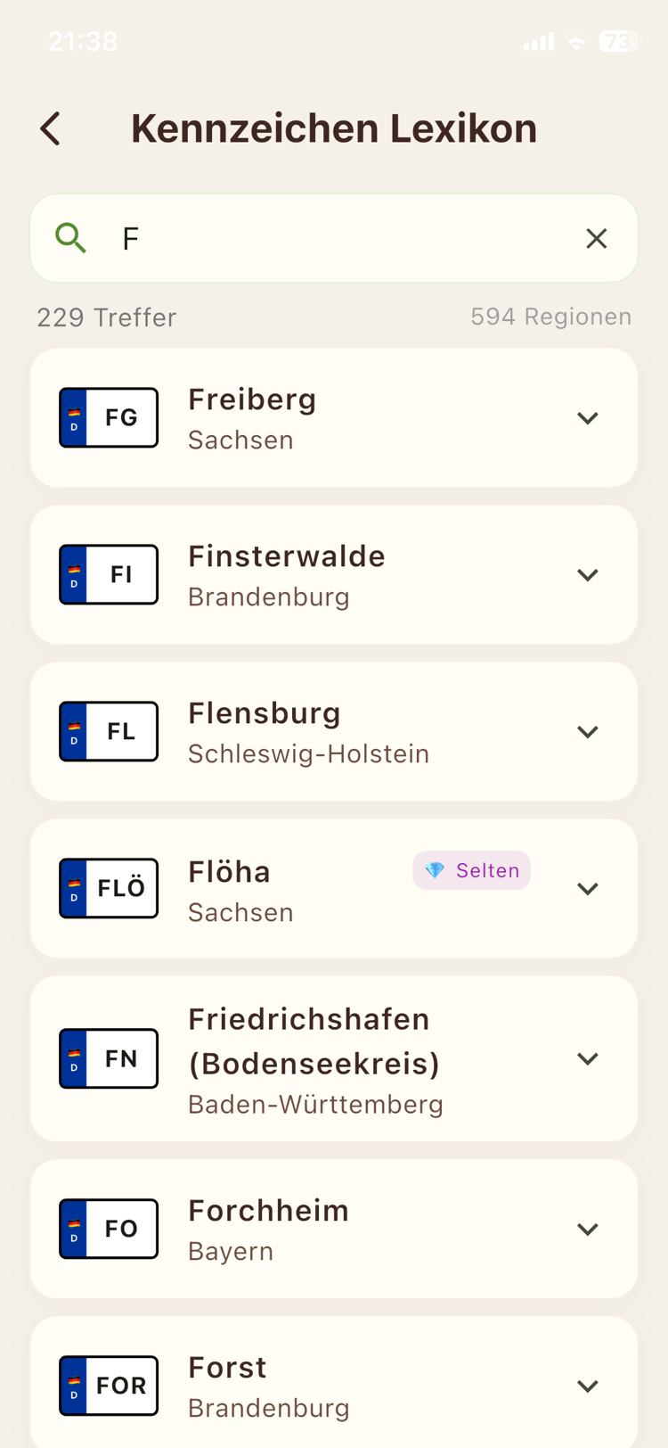 Kennzeichen-Lexikon mit Suche nach fast 600 deutschen Regionen